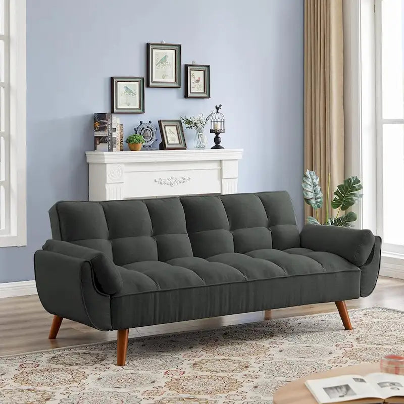 Velvet Convertible Futon Sofa Bed with Adjustable Backrest and Tapered Wood Legs