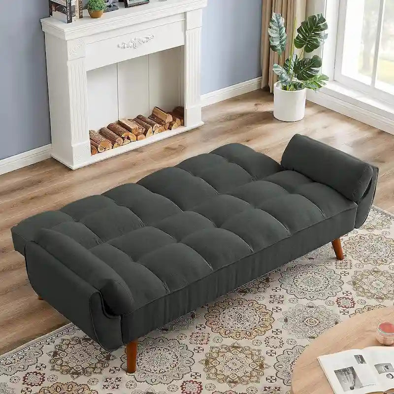 Velvet Convertible Futon Sofa Bed with Adjustable Backrest and Tapered Wood Legs