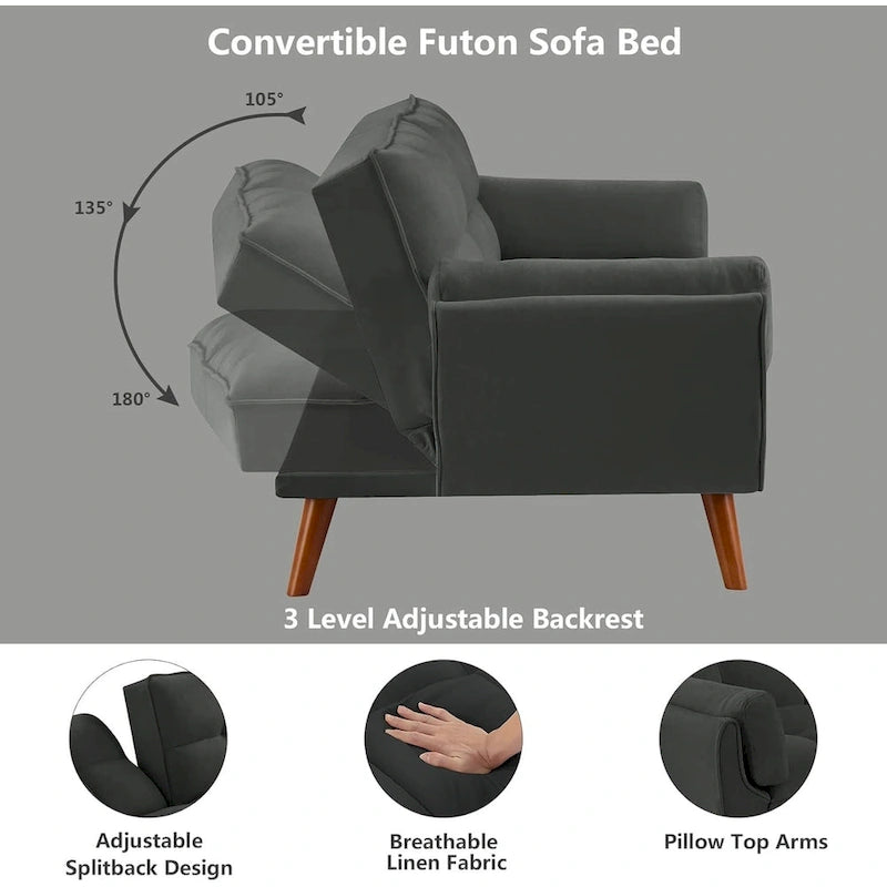 Velvet Convertible Futon Sofa Bed with Adjustable Backrest and Tapered Wood Legs