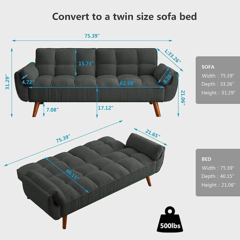 Velvet Convertible Futon Sofa Bed with Adjustable Backrest and Tapered Wood Legs