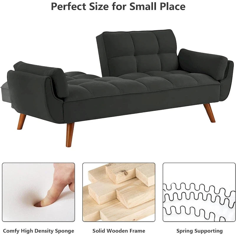 Velvet Convertible Futon Sofa Bed with Adjustable Backrest and Tapered Wood Legs