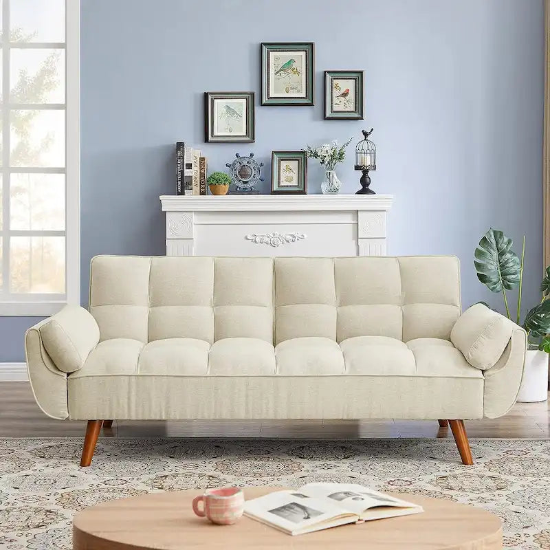 Velvet Convertible Futon Sofa Bed with Adjustable Backrest and Tapered Wood Legs