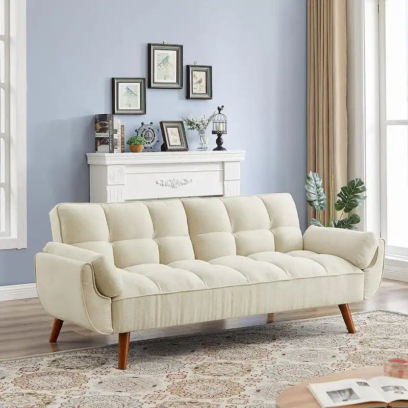 Velvet Convertible Futon Sofa Bed with Adjustable Backrest and Tapered Wood Legs