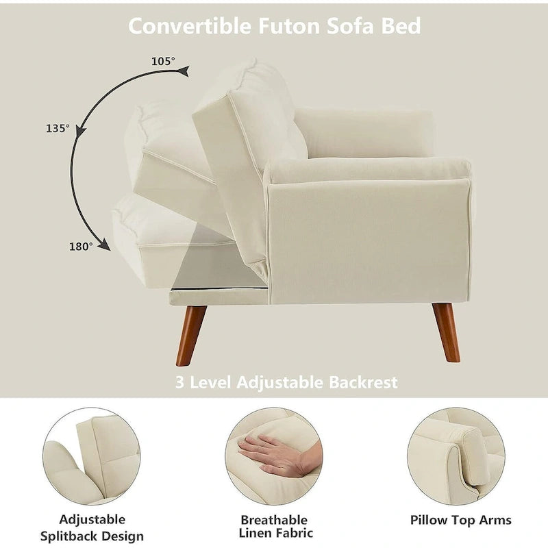 Velvet Convertible Futon Sofa Bed with Adjustable Backrest and Tapered Wood Legs