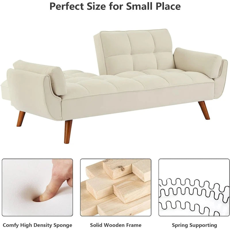 Velvet Convertible Futon Sofa Bed with Adjustable Backrest and Tapered Wood Legs