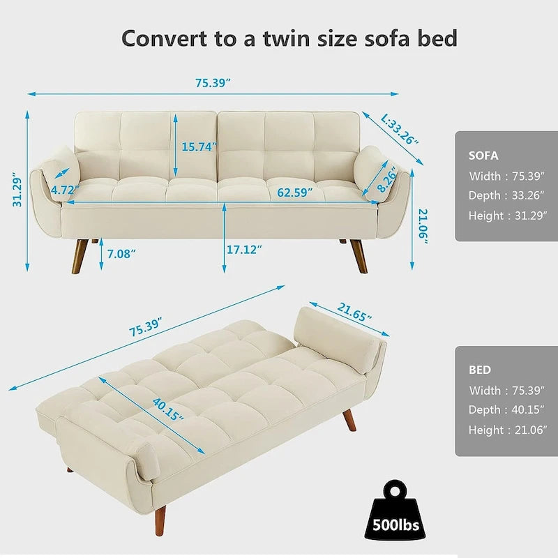 Velvet Convertible Futon Sofa Bed with Adjustable Backrest and Tapered Wood Legs