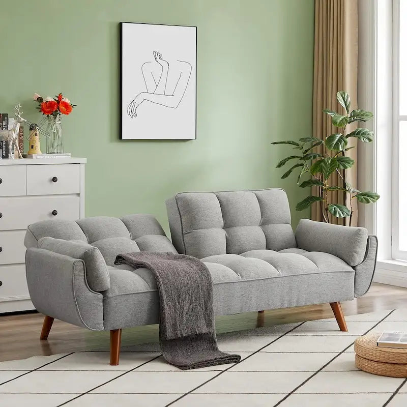 Velvet Convertible Futon Sofa Bed with Adjustable Backrest and Tapered Wood Legs