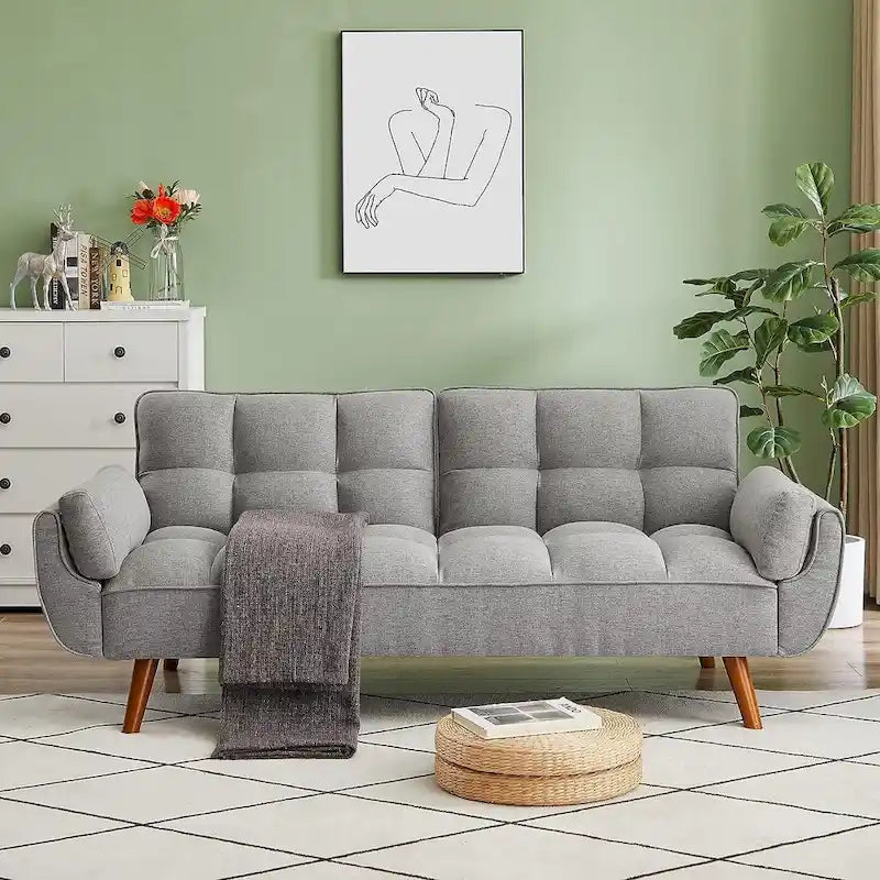 Velvet Convertible Futon Sofa Bed with Adjustable Backrest and Tapered Wood Legs