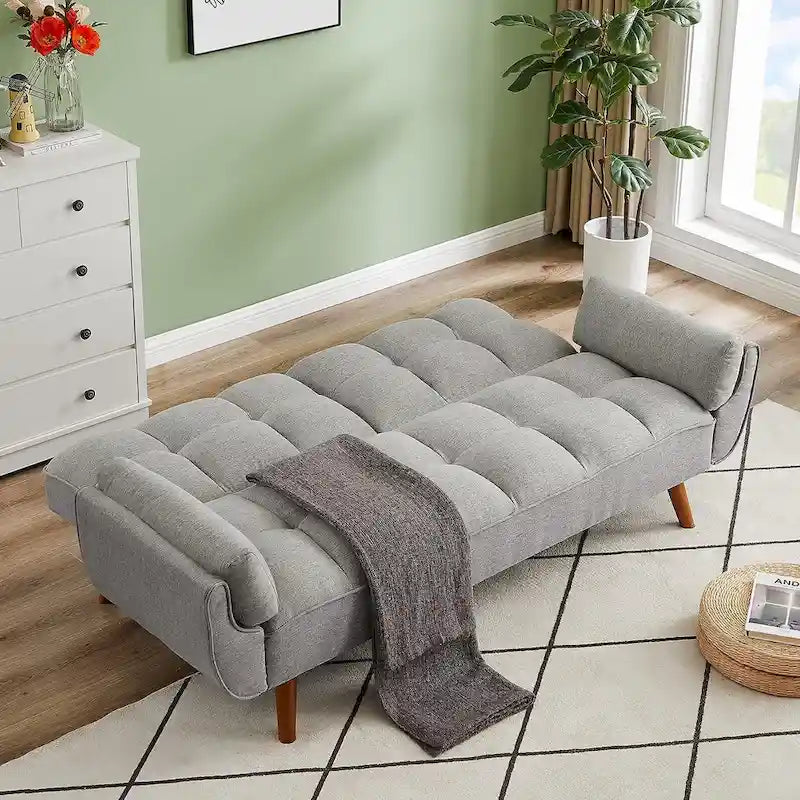 Velvet Convertible Futon Sofa Bed with Adjustable Backrest and Tapered Wood Legs