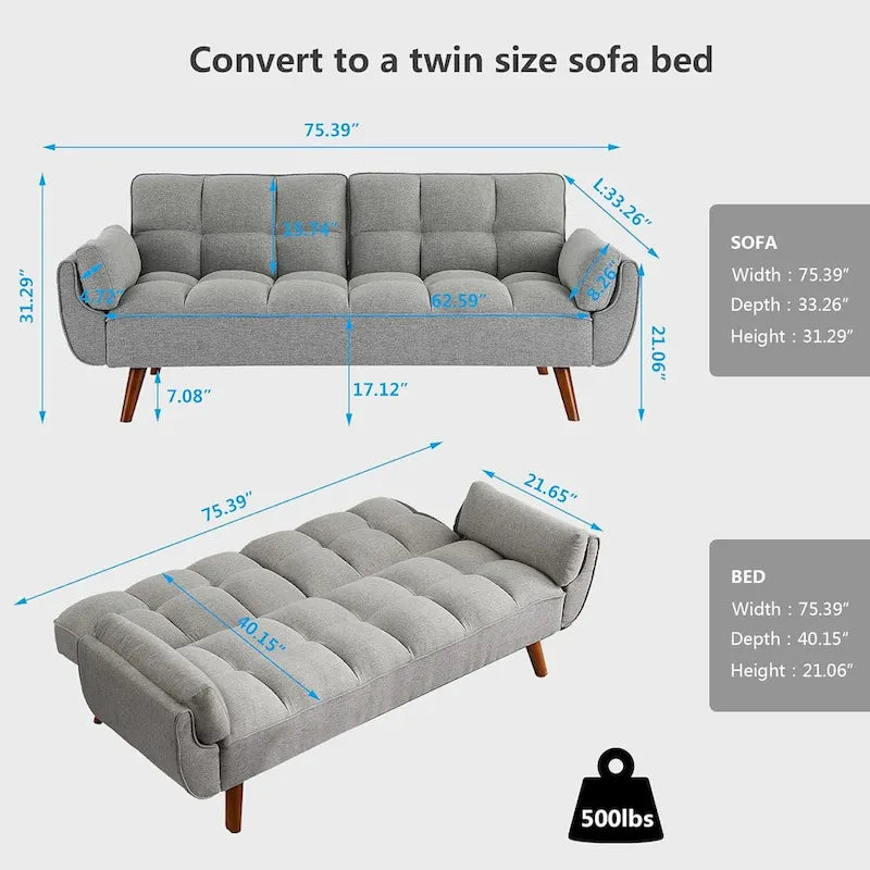 Velvet Convertible Futon Sofa Bed with Adjustable Backrest and Tapered Wood Legs