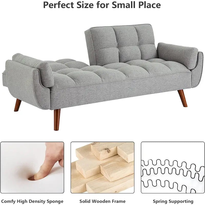 Velvet Convertible Futon Sofa Bed with Adjustable Backrest and Tapered Wood Legs