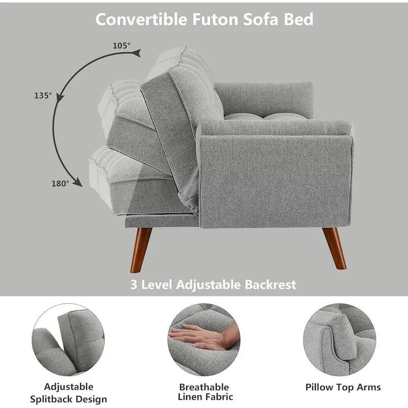 Velvet Convertible Futon Sofa Bed with Adjustable Backrest and Tapered Wood Legs