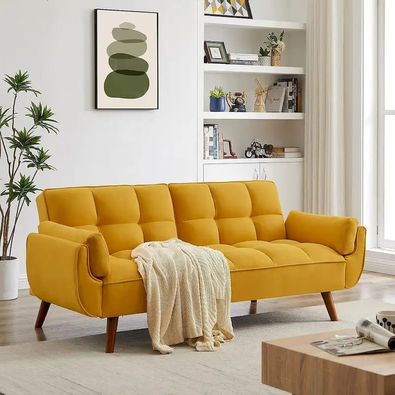 Velvet Convertible Futon Sofa Bed with Adjustable Backrest and Tapered Wood Legs
