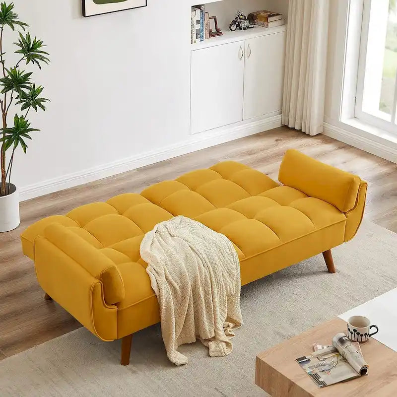 Velvet Convertible Futon Sofa Bed with Adjustable Backrest and Tapered Wood Legs