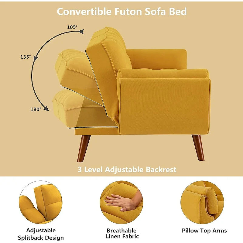 Velvet Convertible Futon Sofa Bed with Adjustable Backrest and Tapered Wood Legs