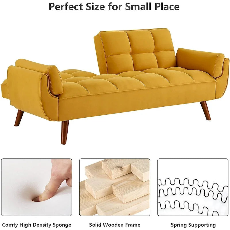Velvet Convertible Futon Sofa Bed with Adjustable Backrest and Tapered Wood Legs