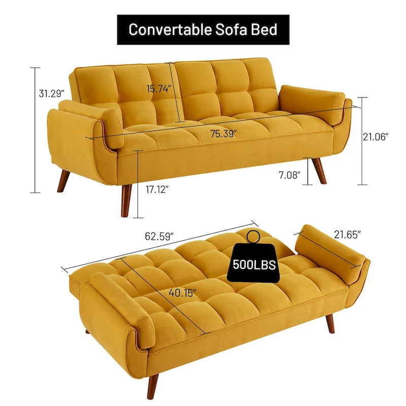 Velvet Convertible Futon Sofa Bed with Adjustable Backrest and Tapered Wood Legs