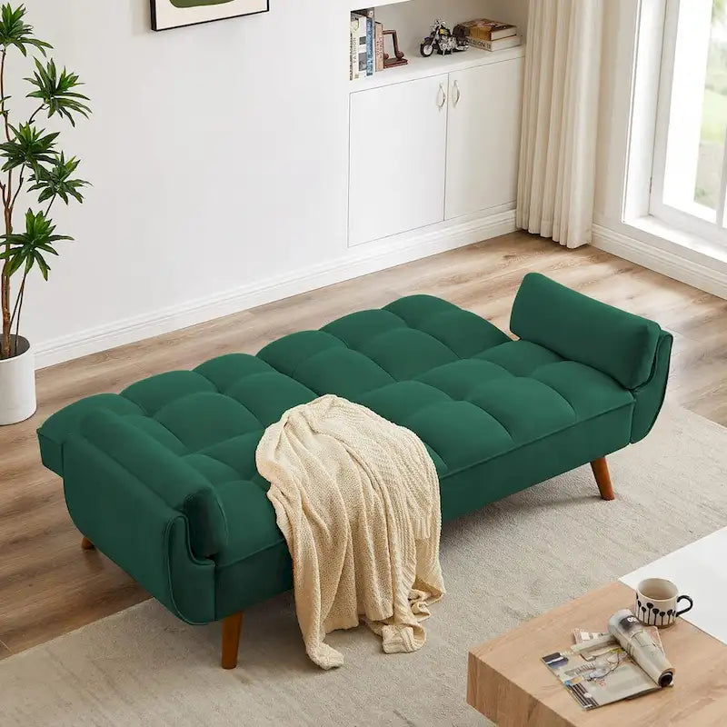Velvet Convertible Futon Sofa Bed with Adjustable Backrest and Tapered Wood Legs