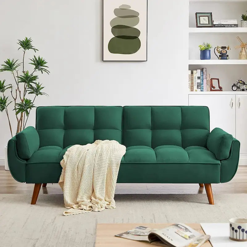 Velvet Convertible Futon Sofa Bed with Adjustable Backrest and Tapered Wood Legs