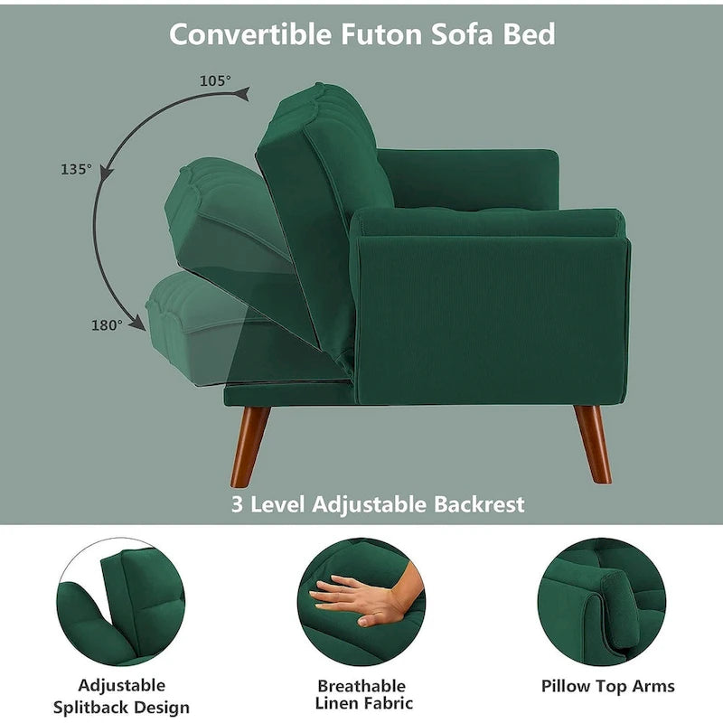 Velvet Convertible Futon Sofa Bed with Adjustable Backrest and Tapered Wood Legs