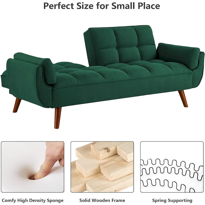 Velvet Convertible Futon Sofa Bed with Adjustable Backrest and Tapered Wood Legs