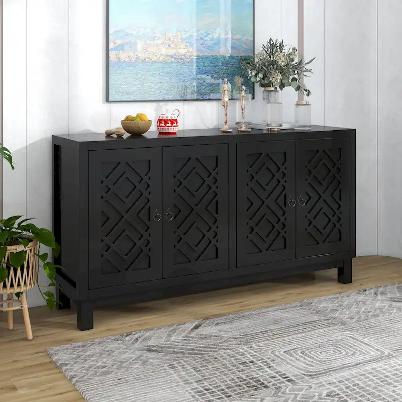 4-Door Buffet Cabinet Sideboard with Rhombus Pattern Doors and Adjustable Shelves, 60-Inch