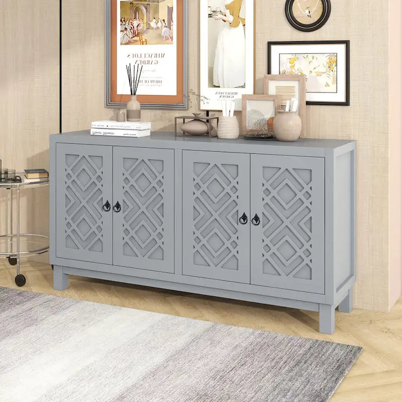 4-Door Buffet Cabinet Sideboard with Rhombus Pattern Doors and Adjustable Shelves, 60-Inch