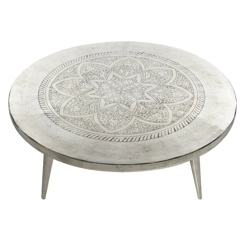 Round Silver Aluminum Coffee Table with Floral Engraving and Tripod Legs, 35x16 Inch