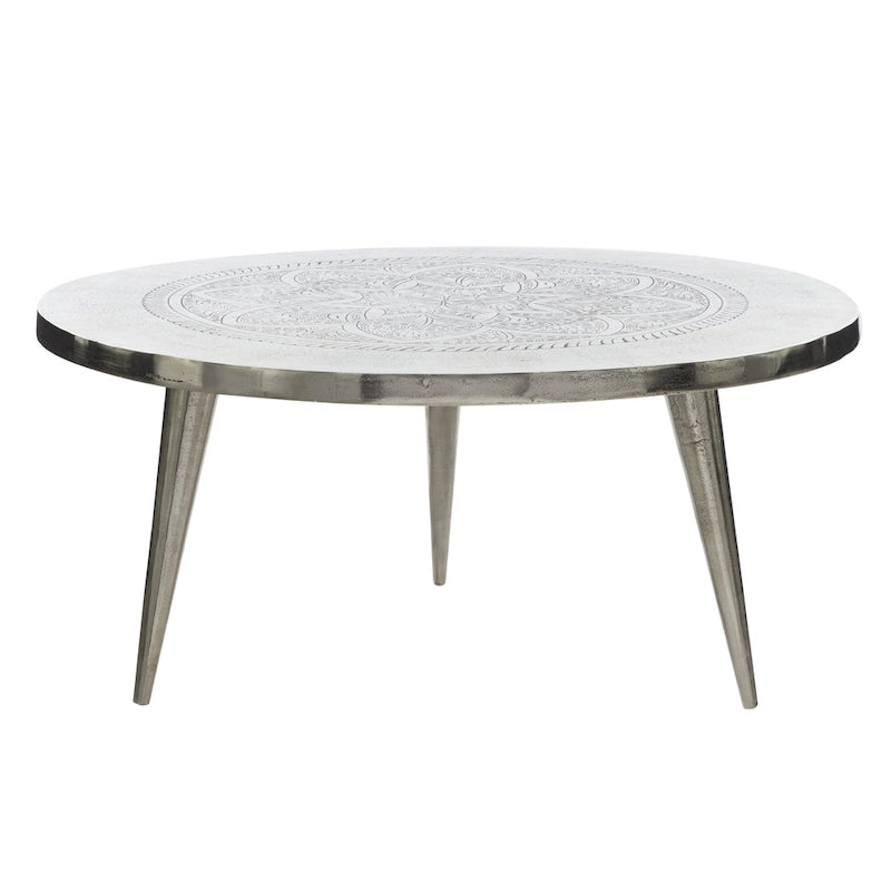 Round Silver Aluminum Coffee Table with Floral Engraving and Tripod Legs, 35x16 Inch