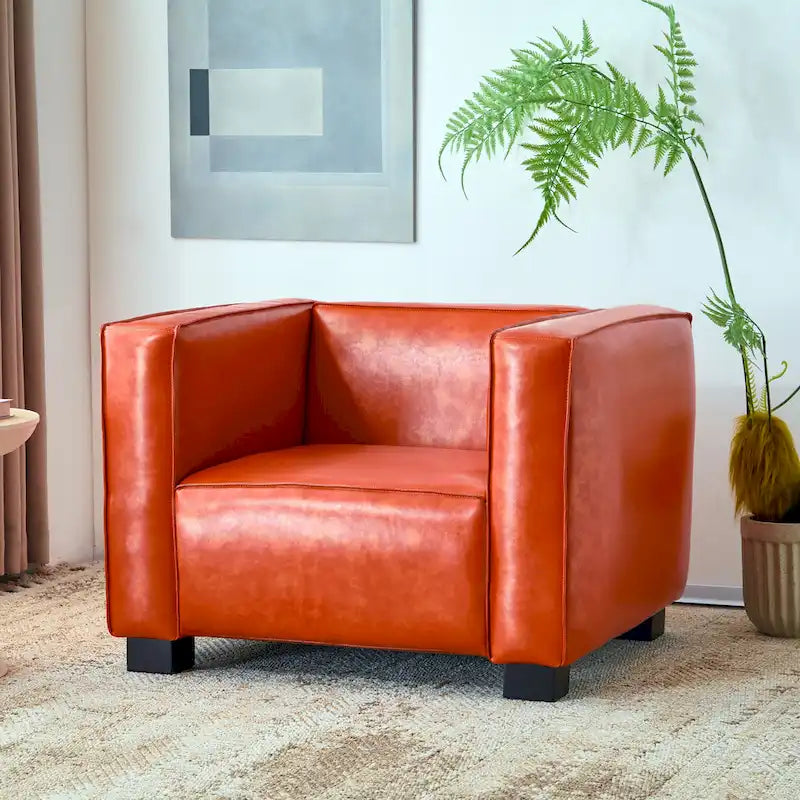 Faux Leather Tuxedo Club Chair with Wood Legs, 39-Inch