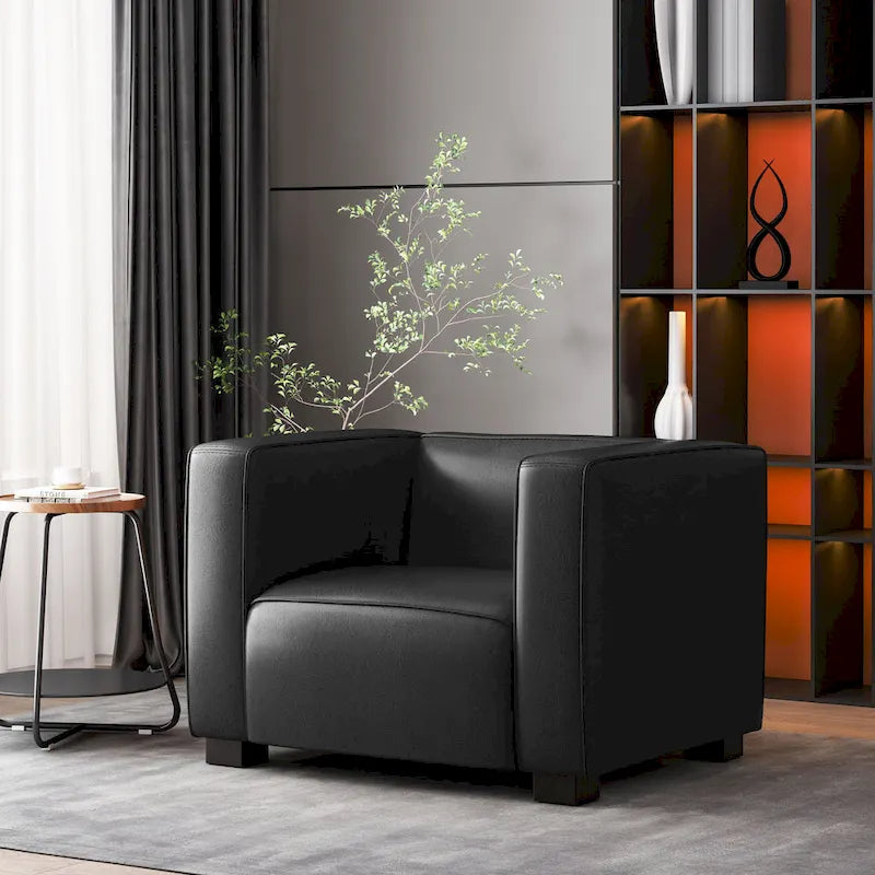 Faux Leather Tuxedo Club Chair with Wood Legs, 39-Inch