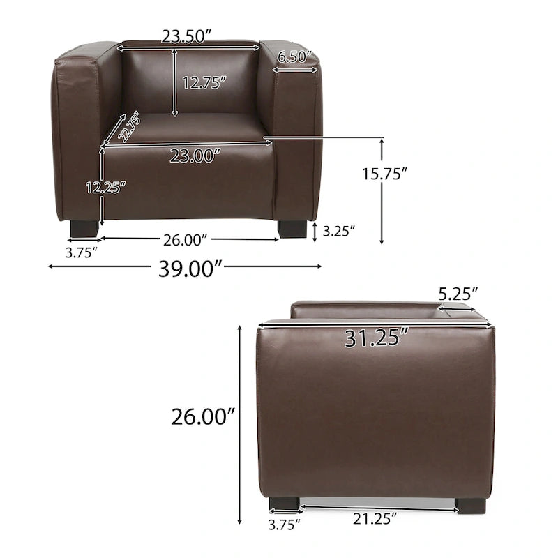 Faux Leather Tuxedo Club Chair with Wood Legs, 39-Inch