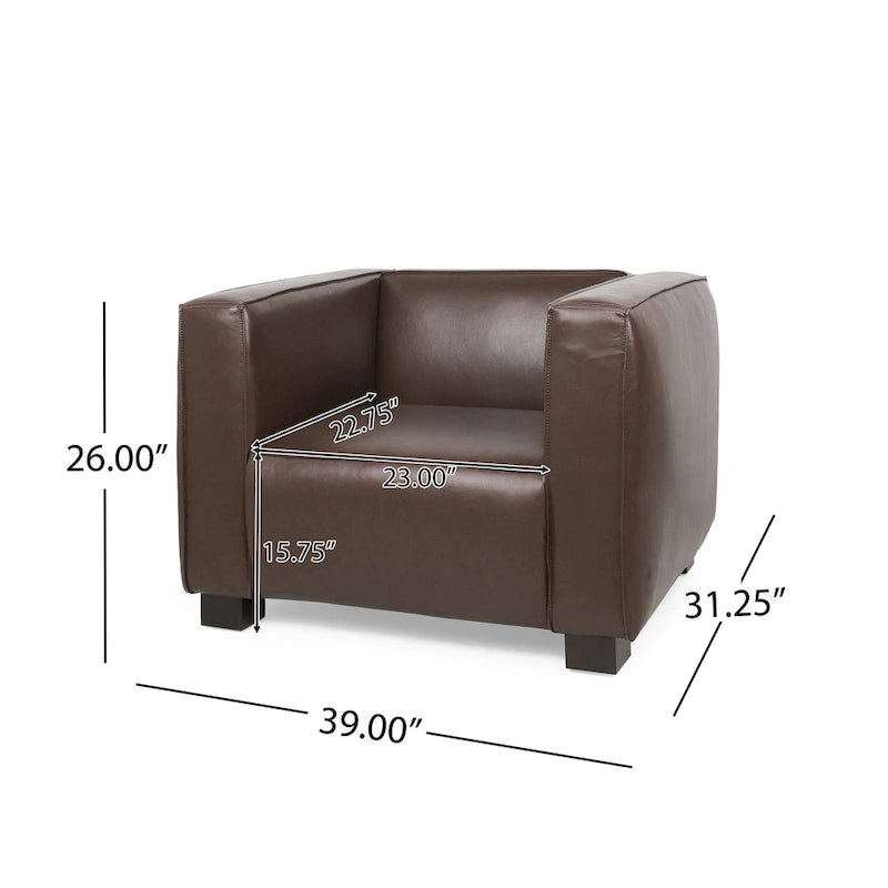 Faux Leather Tuxedo Club Chair with Wood Legs, 39-Inch