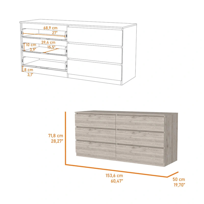 6-Drawer Wide Dresser with Metal Rails and Wall Anchor Kit, 60-Inch