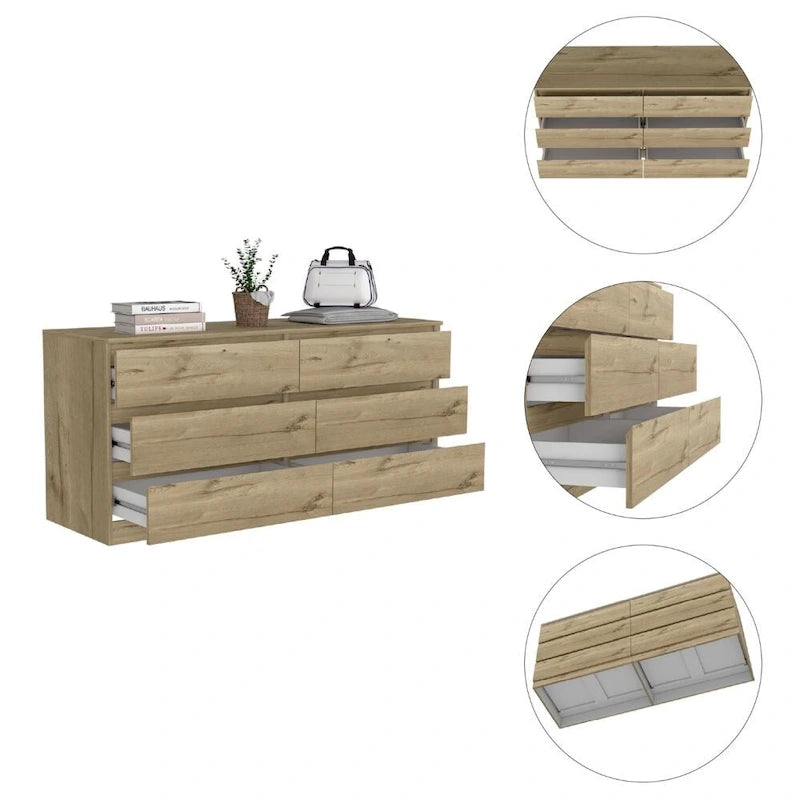 6-Drawer Wide Dresser with Metal Rails and Wall Anchor Kit, 60-Inch