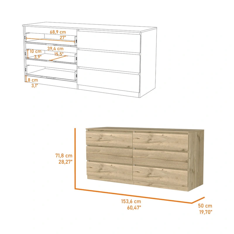 6-Drawer Wide Dresser with Metal Rails and Wall Anchor Kit, 60-Inch