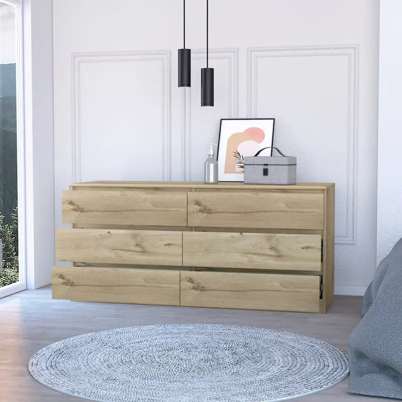 6-Drawer Wide Dresser with Metal Rails and Wall Anchor Kit, 60-Inch