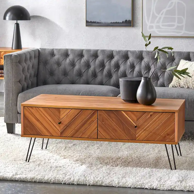2-Drawer Acacia Wood Coffee Table with Chevron Pattern and Metal Legs