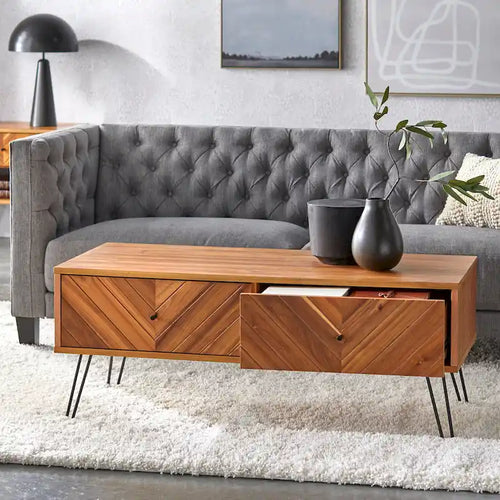 2-Drawer Acacia Wood Coffee Table with Chevron Pattern and Metal Legs