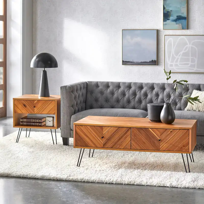 2-Drawer Acacia Wood Coffee Table with Chevron Pattern and Metal Legs