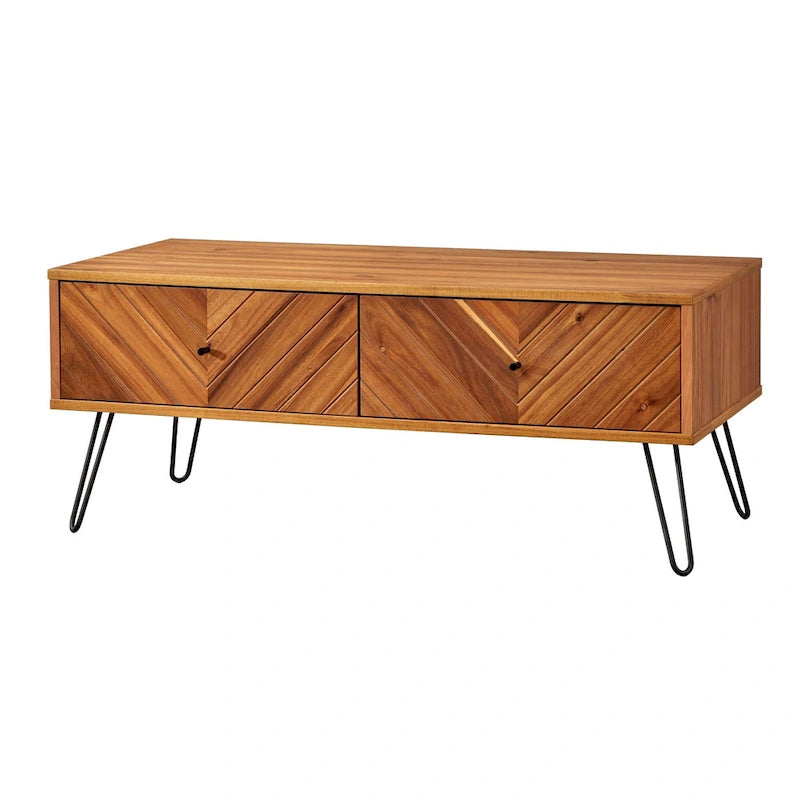 2-Drawer Acacia Wood Coffee Table with Chevron Pattern and Metal Legs