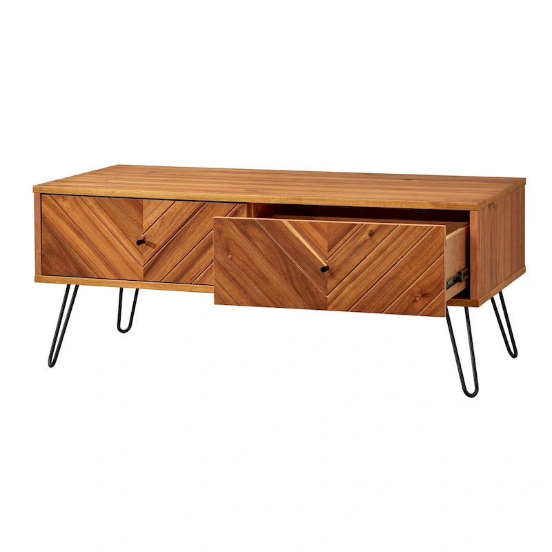 2-Drawer Acacia Wood Coffee Table with Chevron Pattern and Metal Legs