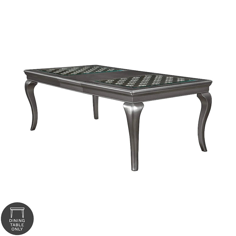 84-Inch Expandable Dining Table with Glass Inserts and Patterned Top, Gray