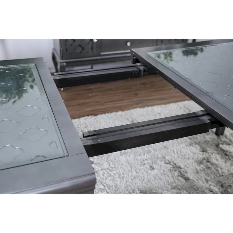 84-Inch Expandable Dining Table with Glass Inserts and Patterned Top, Gray