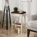 French Country Distressed Accent Side Table with Tray Top and Woven Wicker Shelf