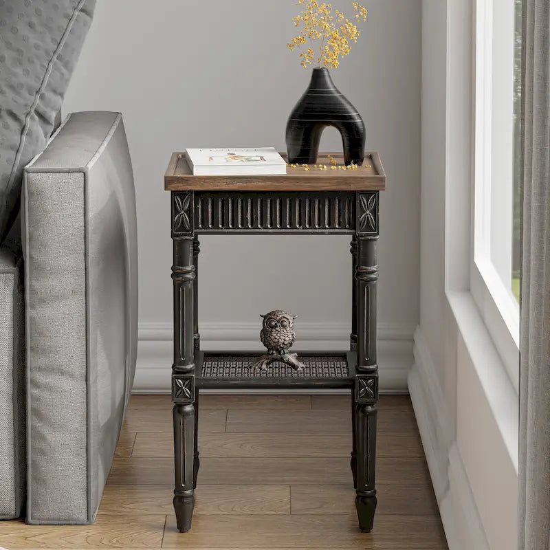 French Country Distressed Accent Side Table with Tray Top and Woven Wicker Shelf