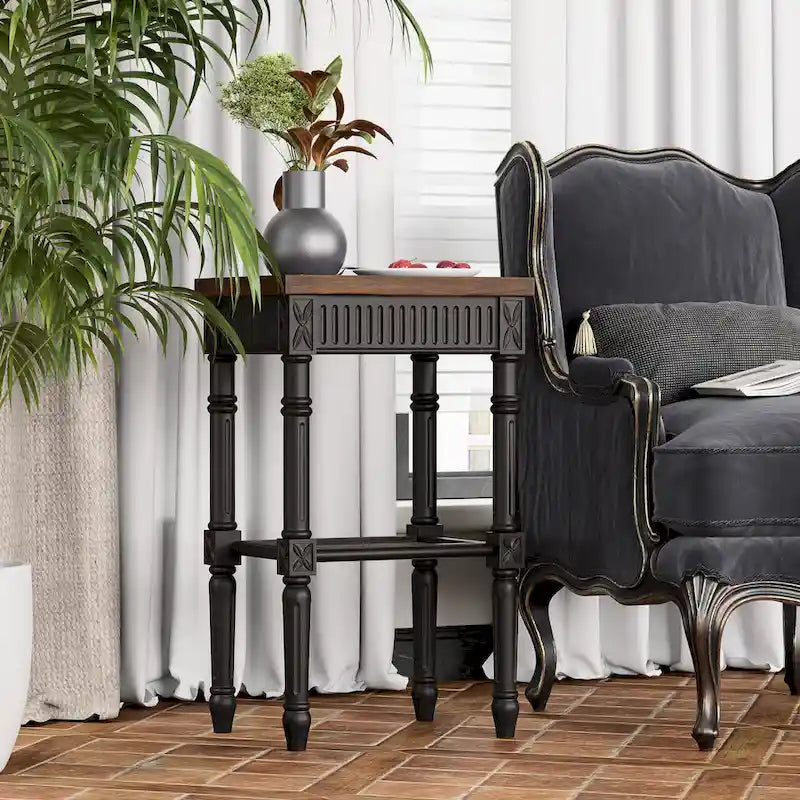 French Country Distressed Accent Side Table with Tray Top and Woven Wicker Shelf