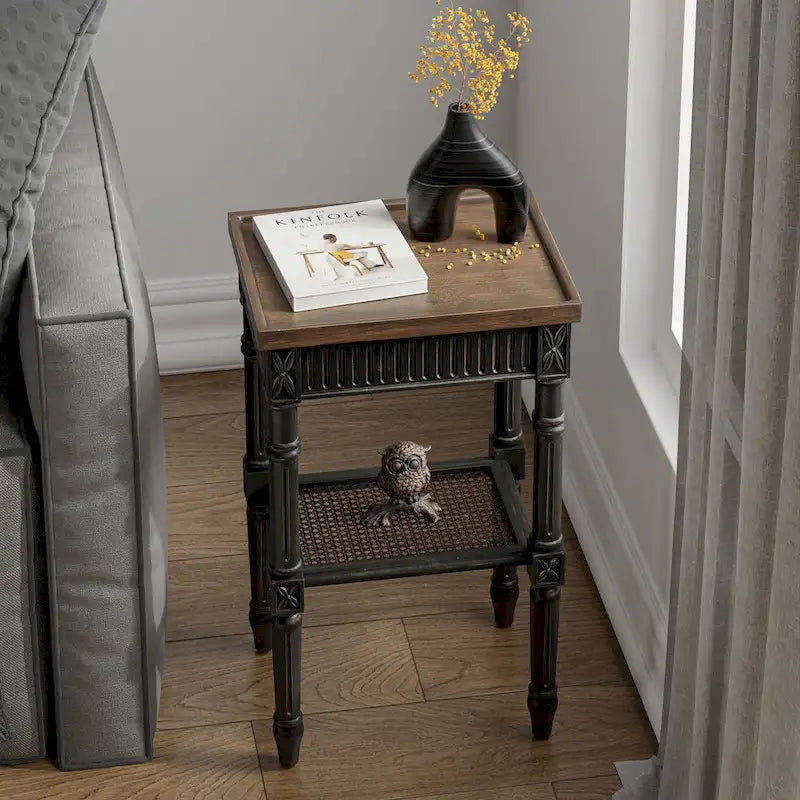 French Country Distressed Accent Side Table with Tray Top and Woven Wicker Shelf