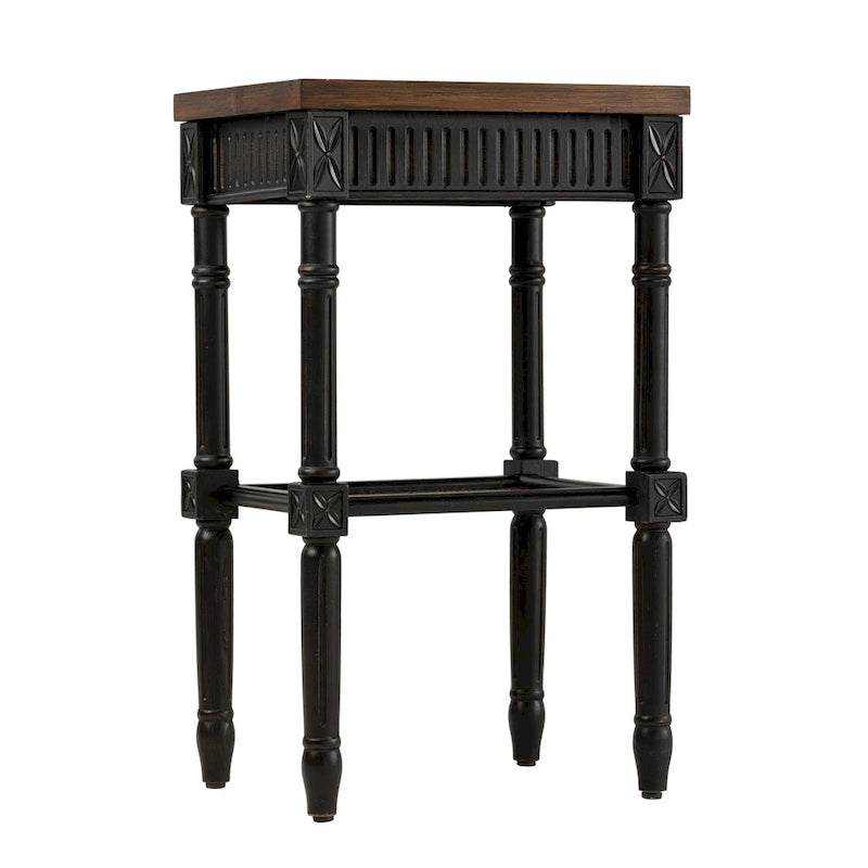 French Country Distressed Accent Side Table with Tray Top and Woven Wicker Shelf
