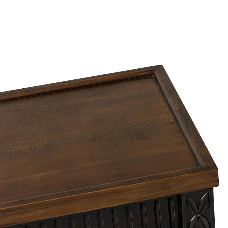 French Country Distressed Accent Side Table with Tray Top and Woven Wicker Shelf